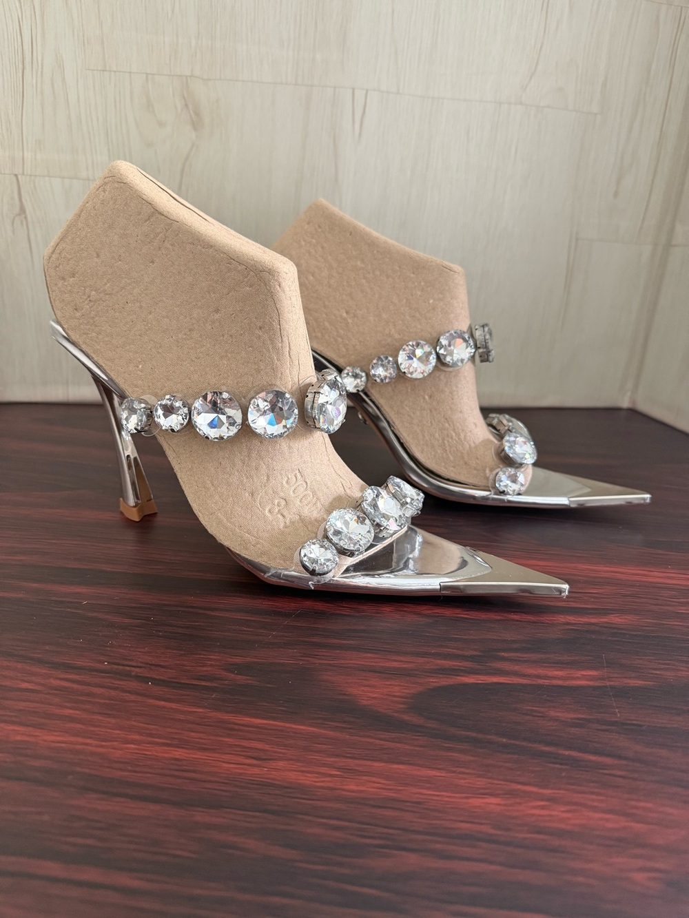 Azalea Wang Paolina Pointed Toe Slide Heeled Sandal Chunky Rhinestones Size 8 - Picture 7 of 13